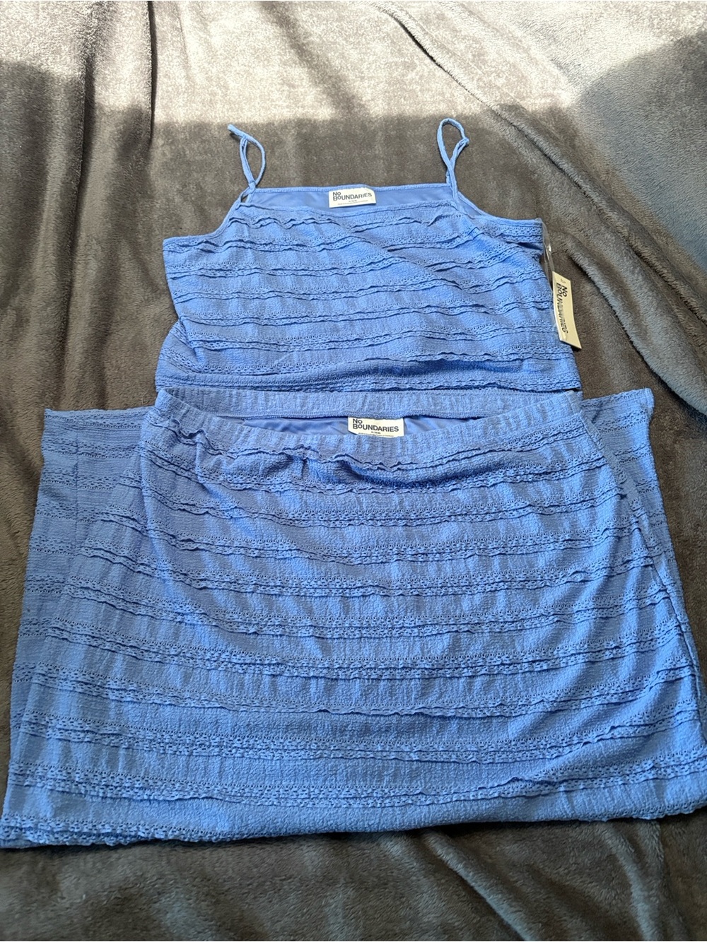 No Boundaries Blue Crochet-Striped Spaghetti Strap Camisole with matching skirt
